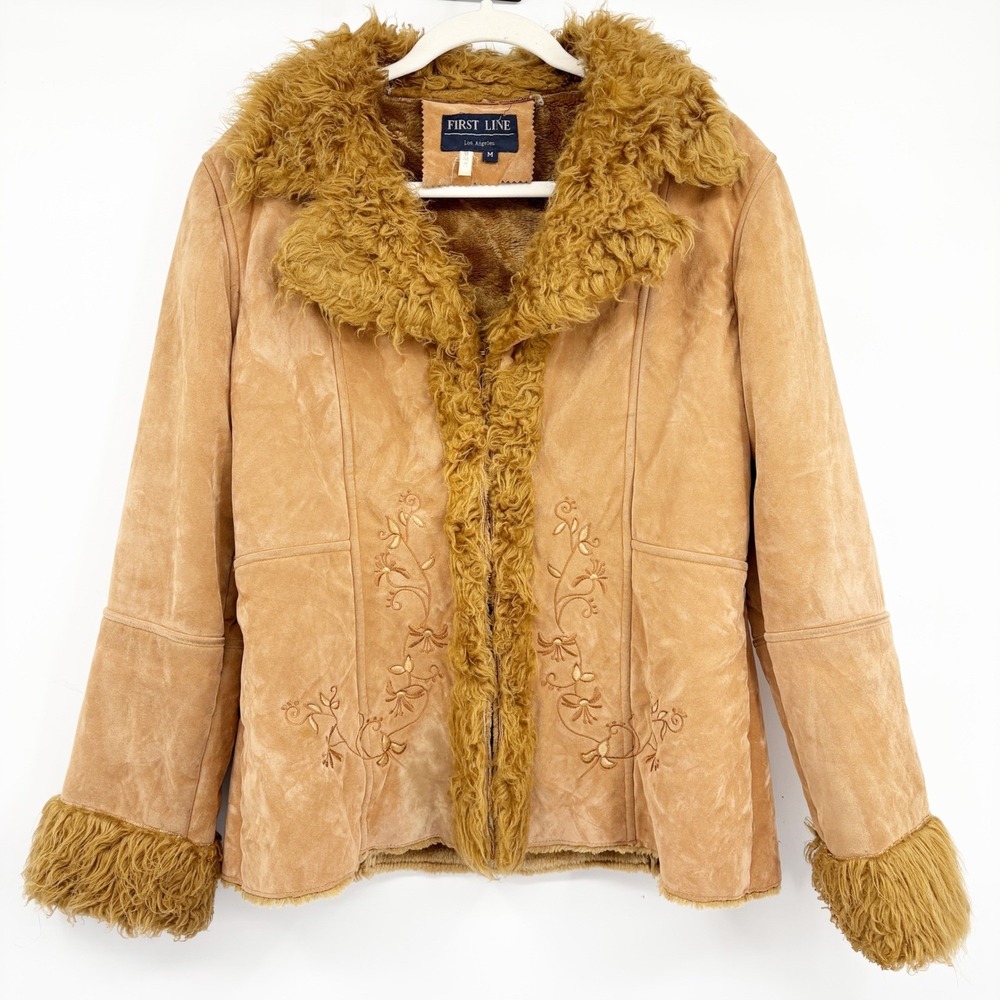 First Line Womens Y2K Tan Faux Suede Embroidered Penny Lane Faux Fur Jacket M